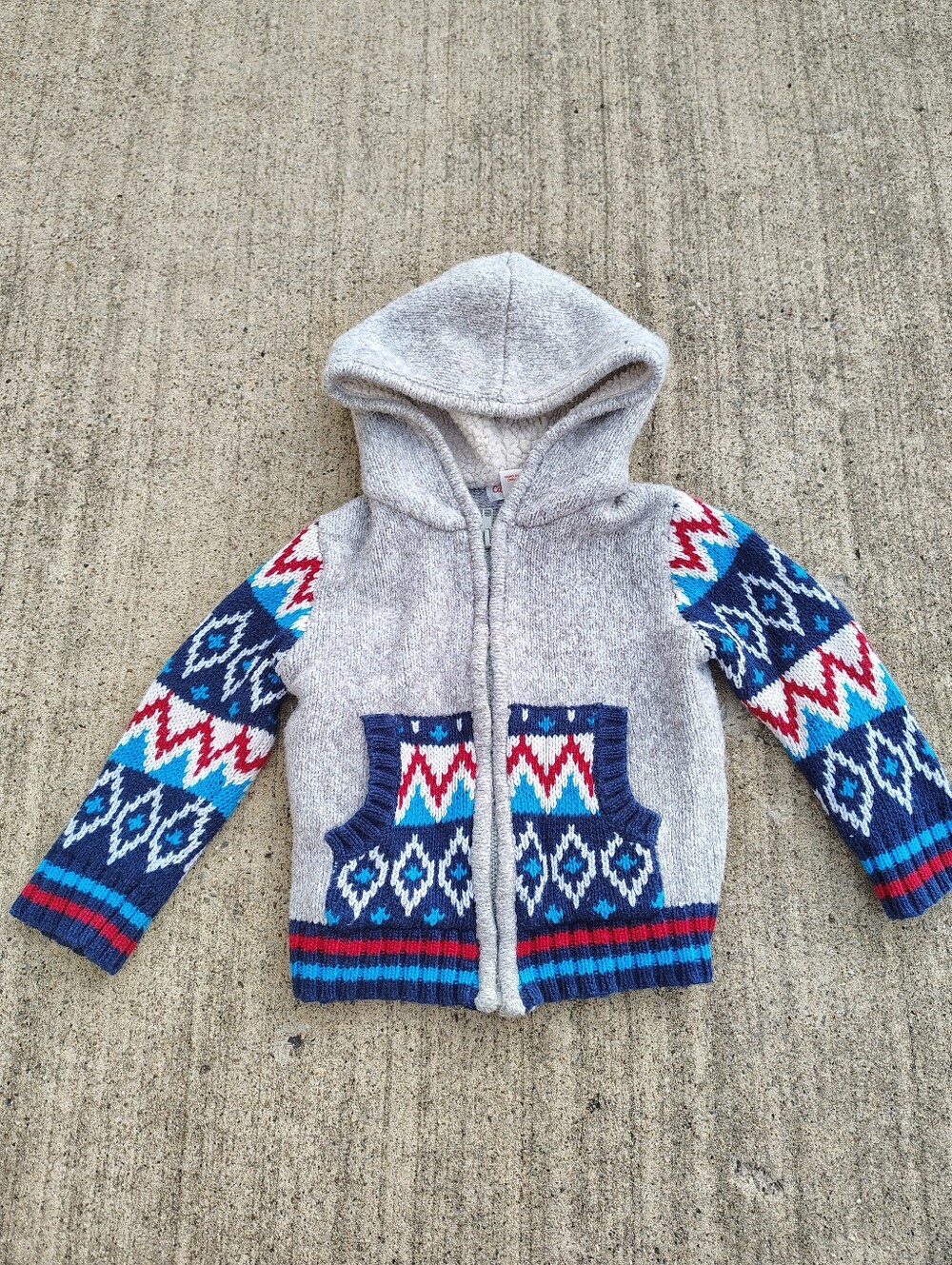 Cat & Jack Toddler Boys 2T Hooded Knit Sweater Jacket Sherpa Lined Zip Up Gray